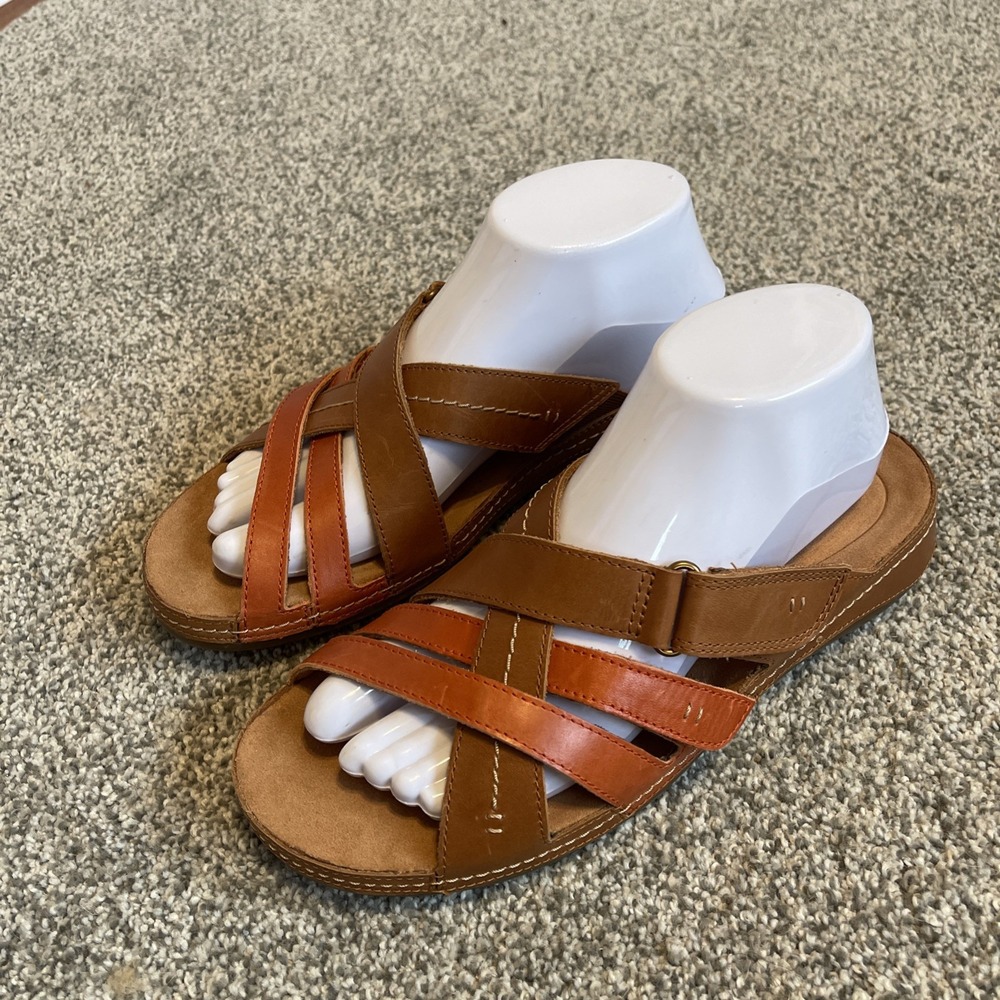 Clarks Cecily Slide Sandals Women 9 Tan Coral Leather Strappy Beach Pool Dress
